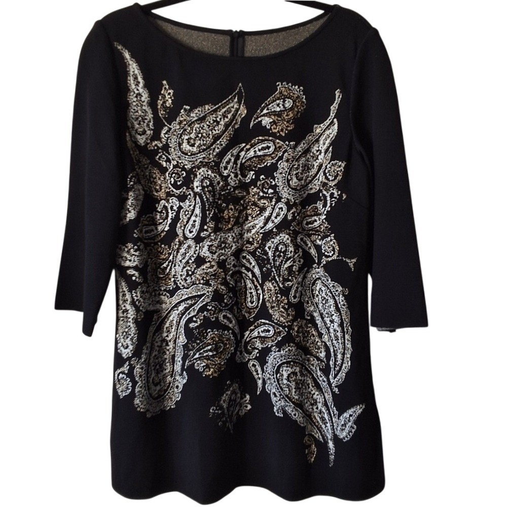 St.John Medium Long Tunic Knit 3/4 Sleeve Paisley Metallic Holiday Luxury Mature